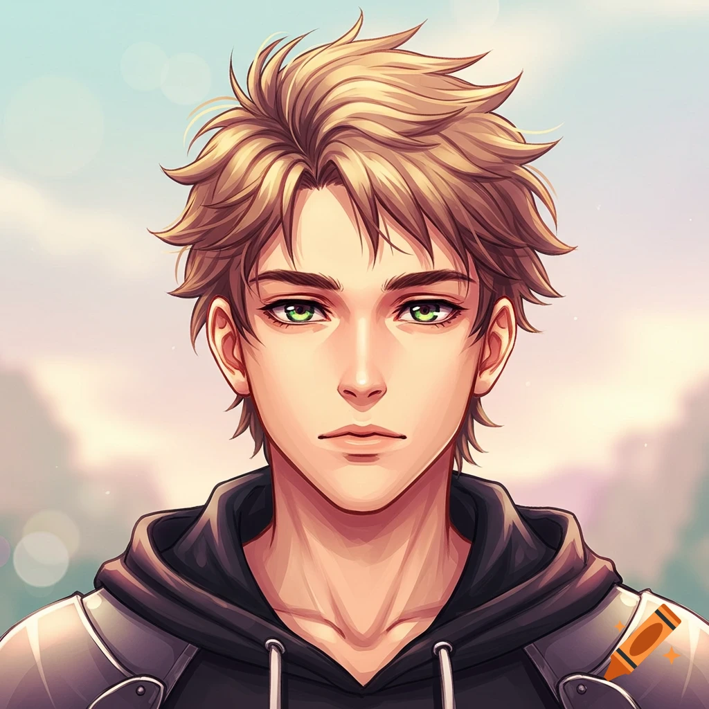 Anime portrait of a young man with spiky blonde hair and green eyes, wearing a black hoodie and armor.