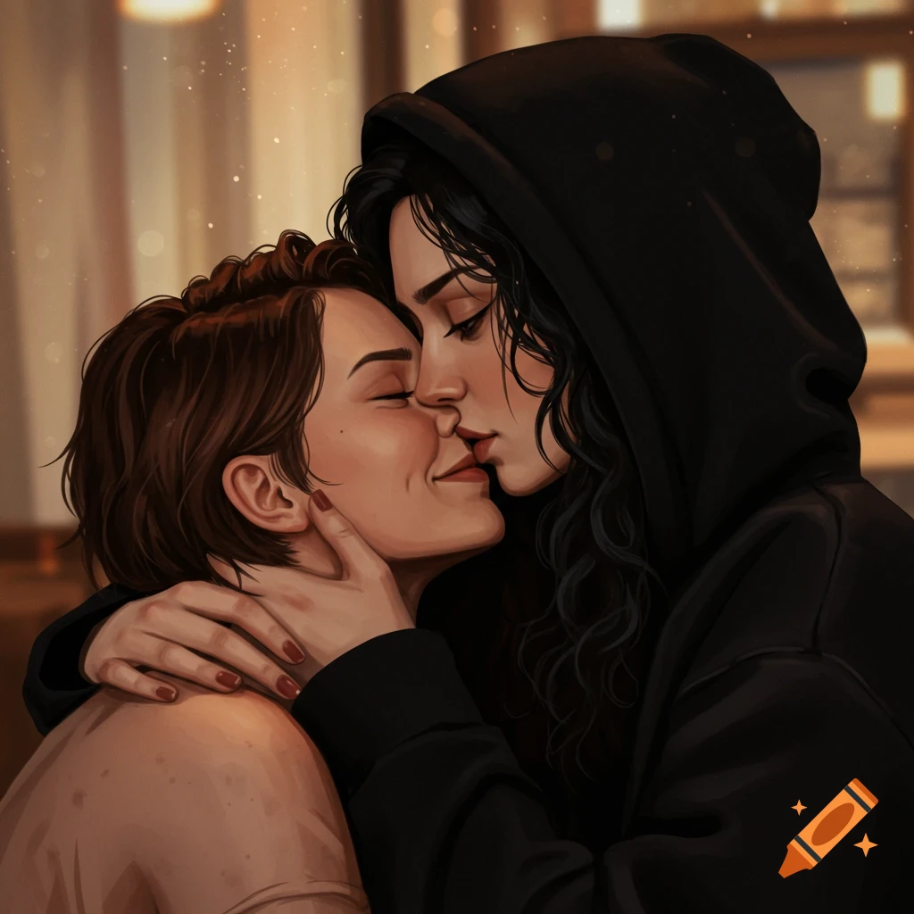 Two women kissing.