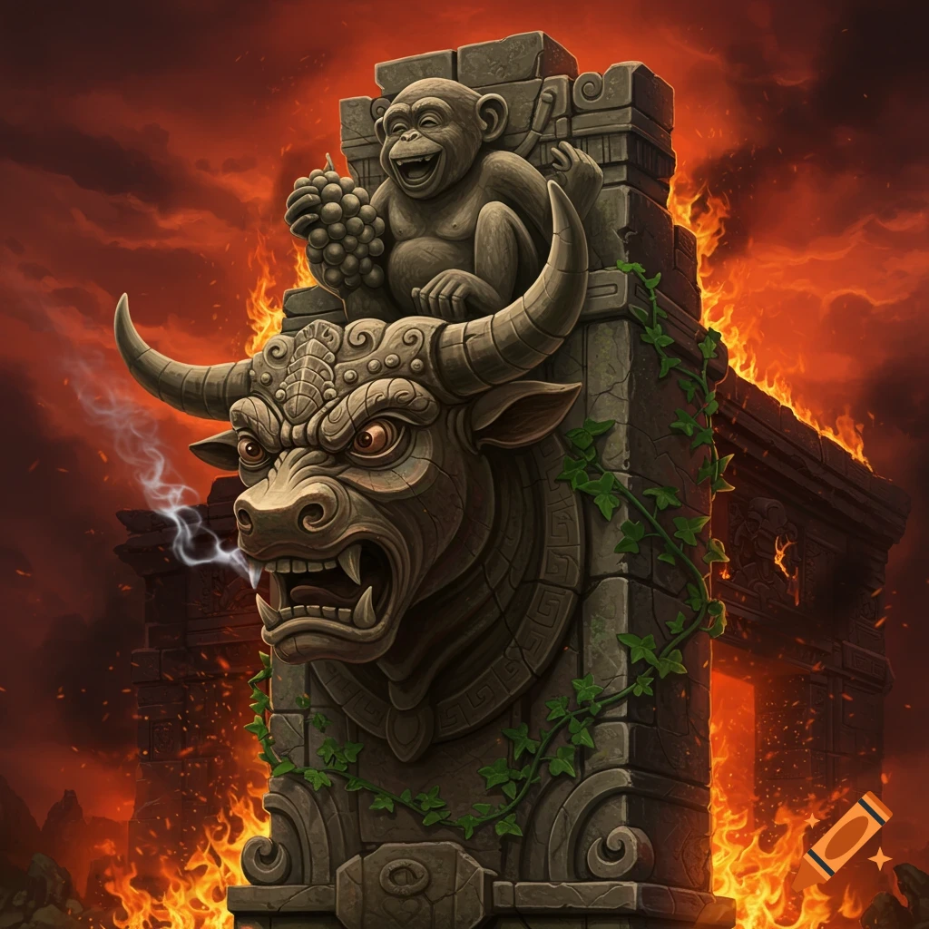 A stone sculpture featuring a bull and a laughing monkey on a pillar, with a fiery red sky and burning temple backdrop.