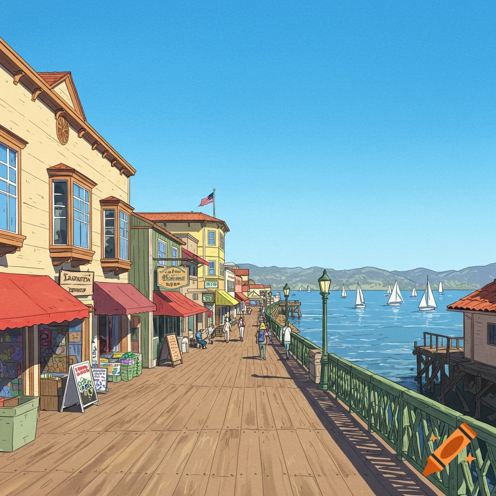 A sunny pier lined with shops, people walking, and sailboats on the water.