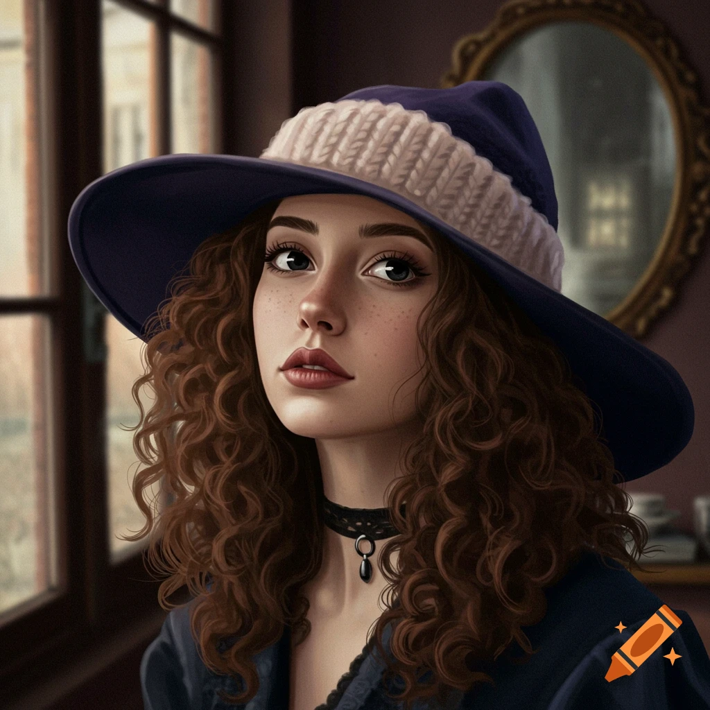 Portrait of a woman in a purple hat, with curly brown hair and freckles, in a Victorian gothic style setting.