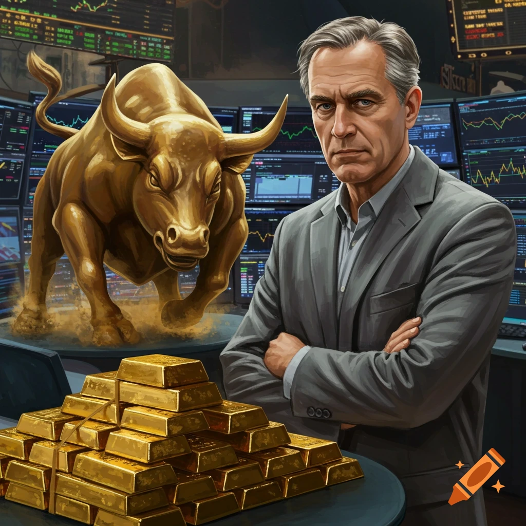 Image of a man, a golden bull statue, gold bars, and stock trading screens.