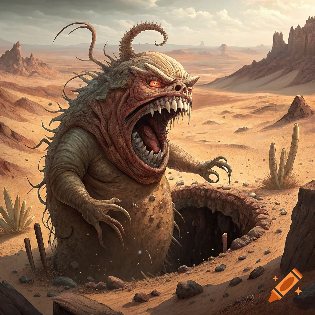 A monstrous creature with sharp teeth and glowing eyes emerges from a pit in a desert landscape.