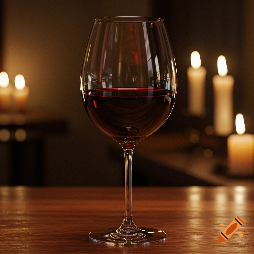 A glass of red wine on a wooden table with blurred candles in the background.