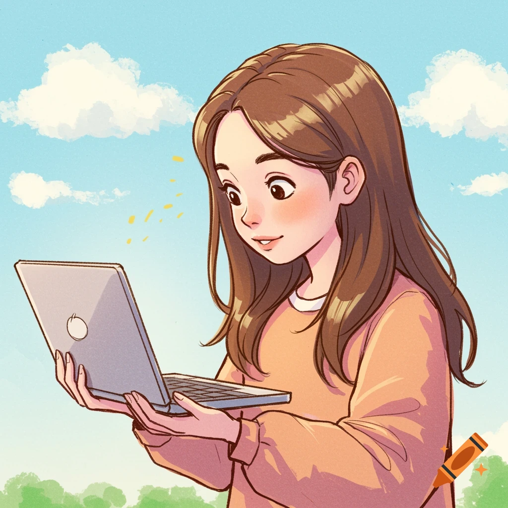Hand-drawn illustration of a young girl looking at a laptop outdoors.