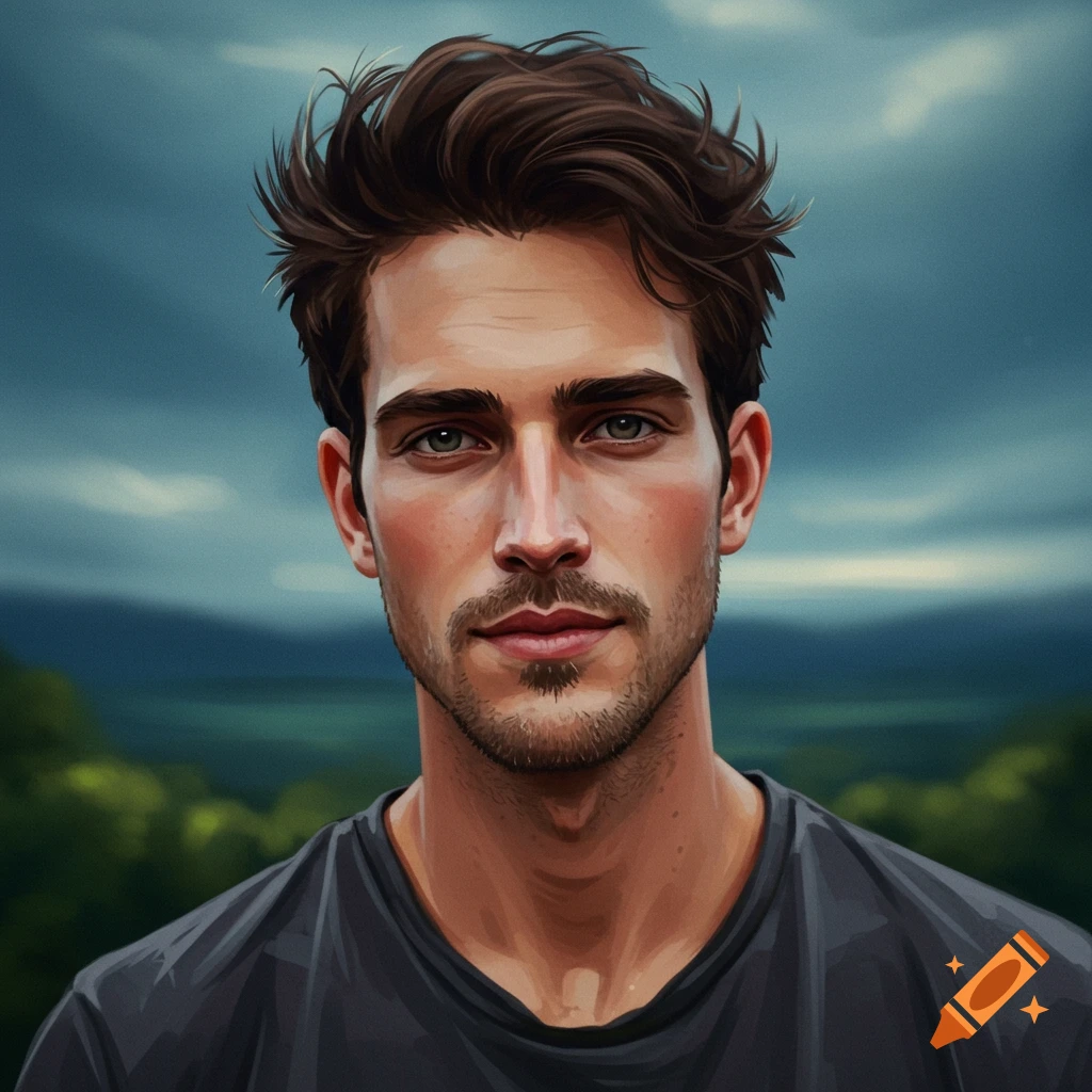 Portrait of a man with brown hair and beard, looking forward against a blurred landscape background.