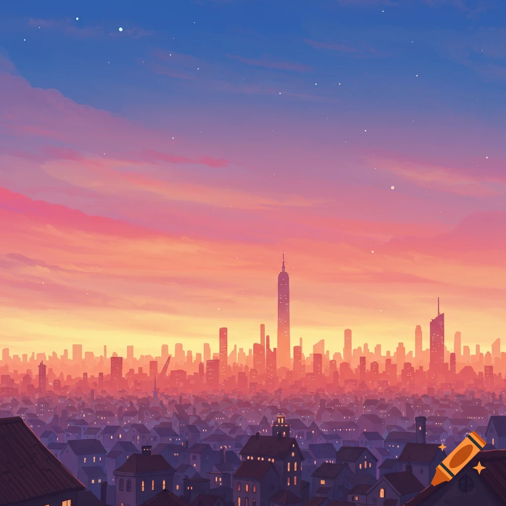 A stylized image of a city skyline at sunset with colorful clouds.