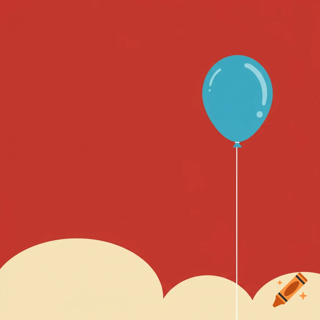 A blue balloon floats against a solid red background with cream-colored clouds below in a minimalist cartoon style.