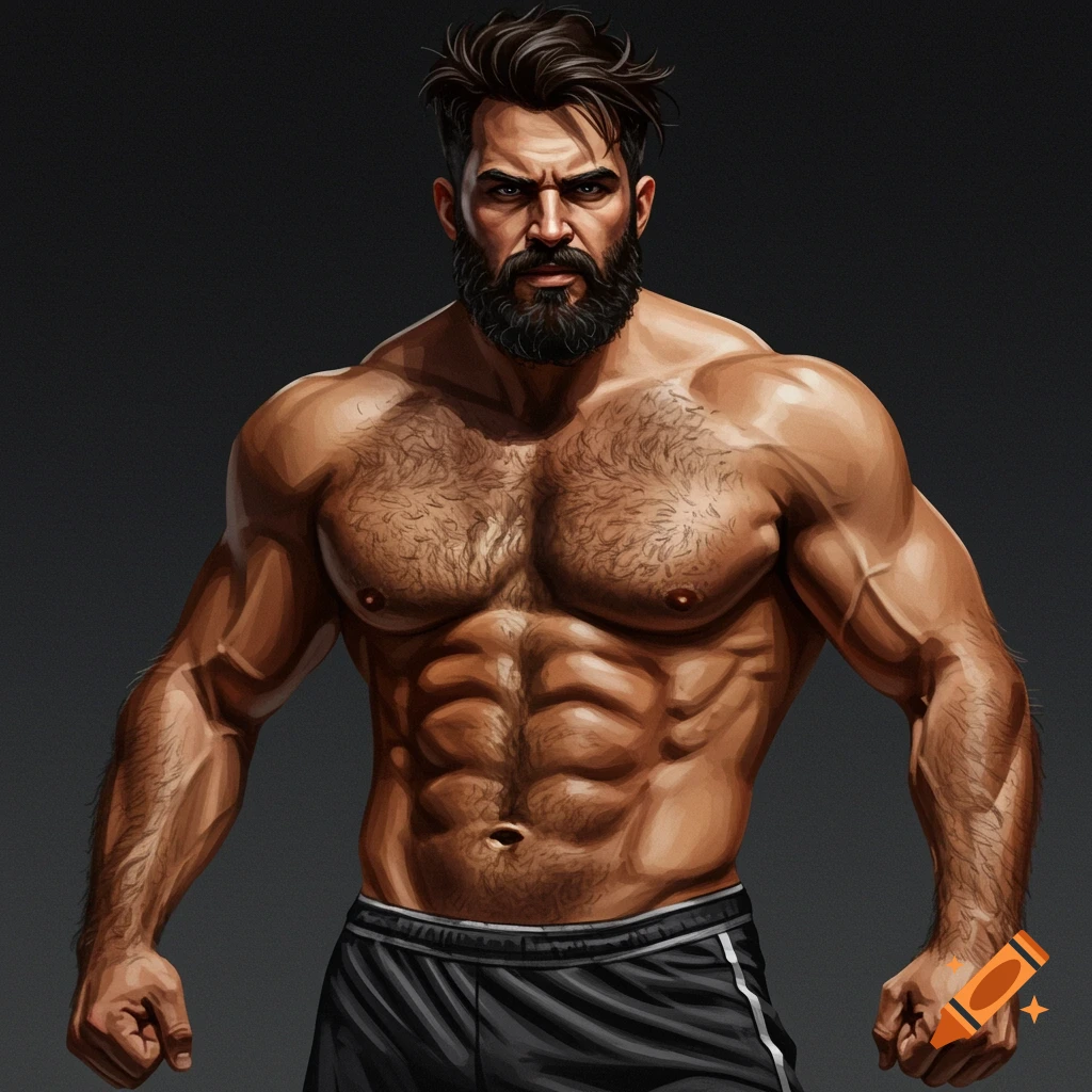 A muscular, bearded man in athletic shorts.