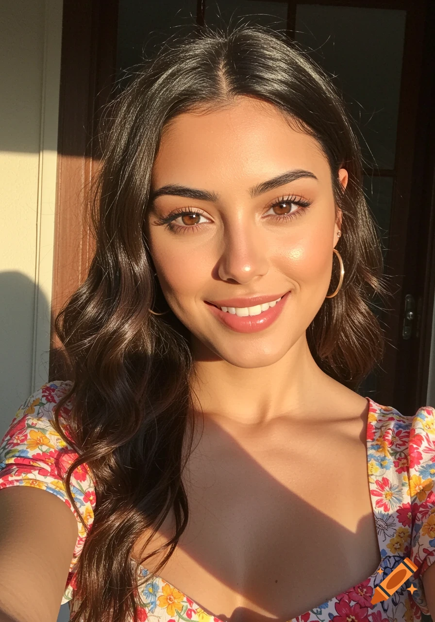 Close-up portrait of a young woman with long brown hair and eyes, smiling in warm sunlight, wearing a floral dress.