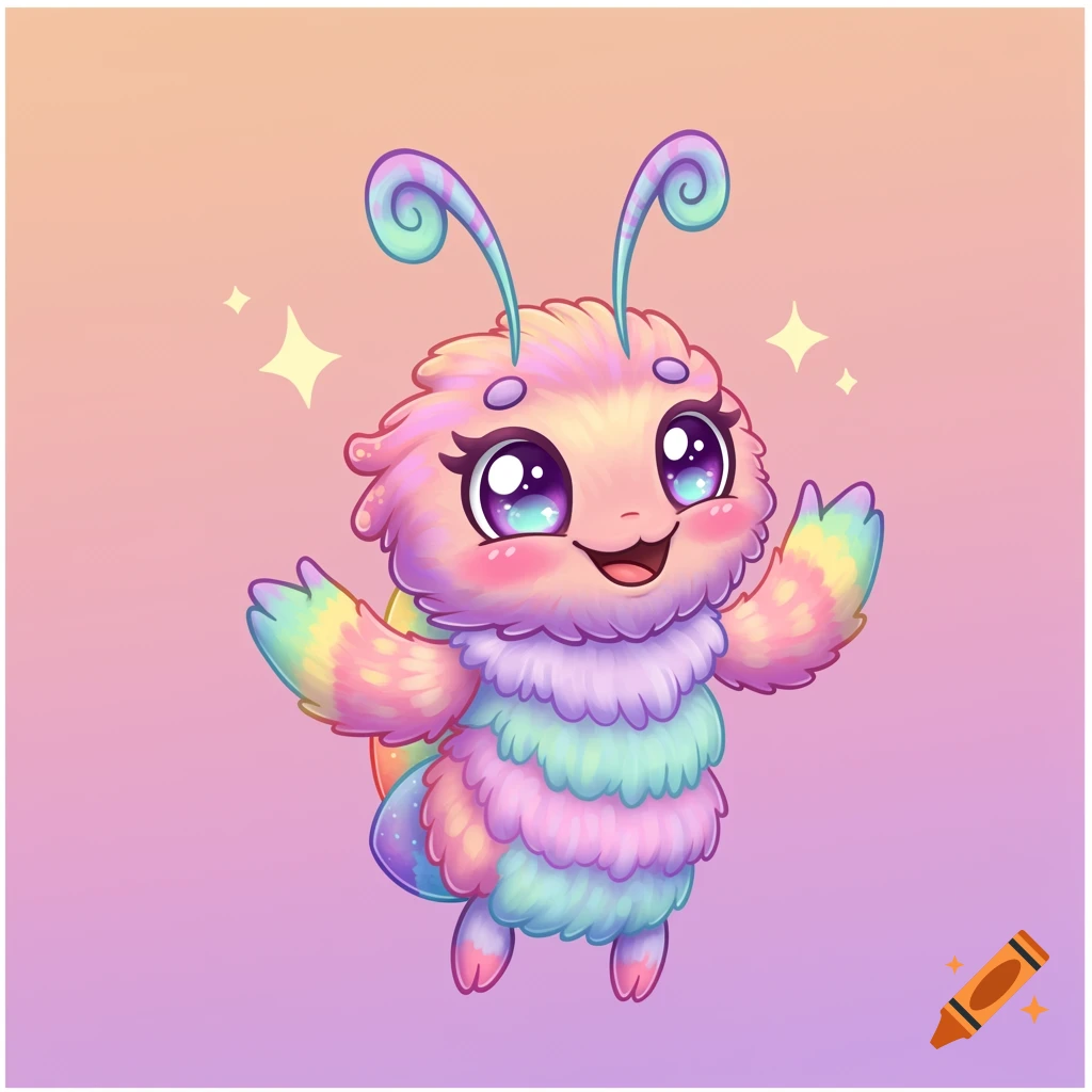 A cute, fluffy cartoon monster with big eyes and colourful pastel fur waves its arms against a gradient background.