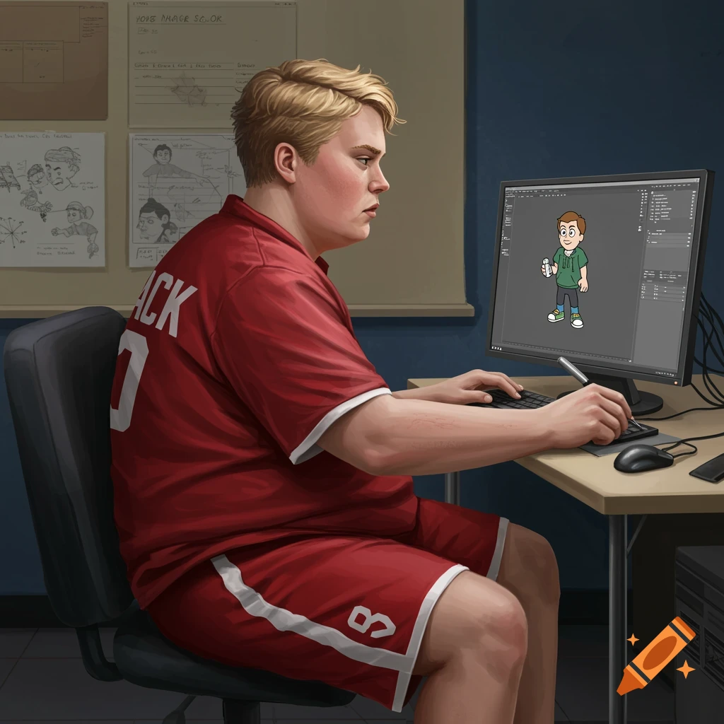 A young man in a red shirt is working on a computer while also drawing an animated character.