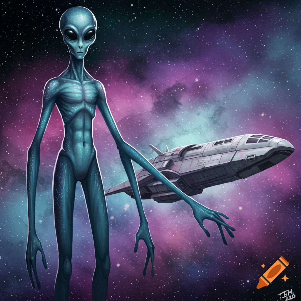A tall grey alien stands in front of a spaceship in space with a colorful galaxy.