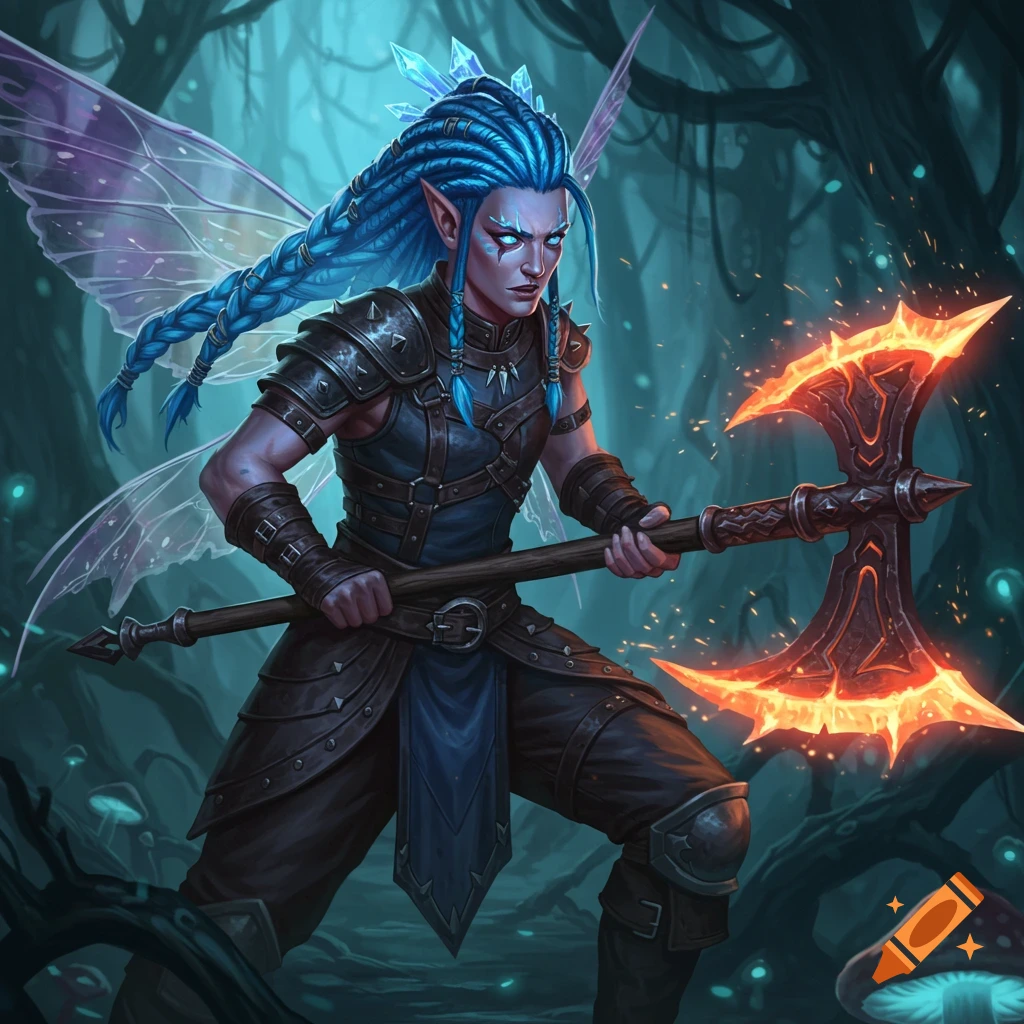 Blue-haired fantasy fairy warrior holding a glowing battleaxe in a dark forest.