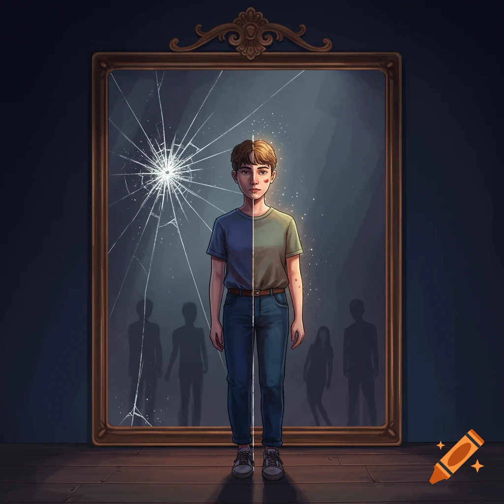 A young person stands before a cracked mirror showing two reflections, with shadowy figures behind.
