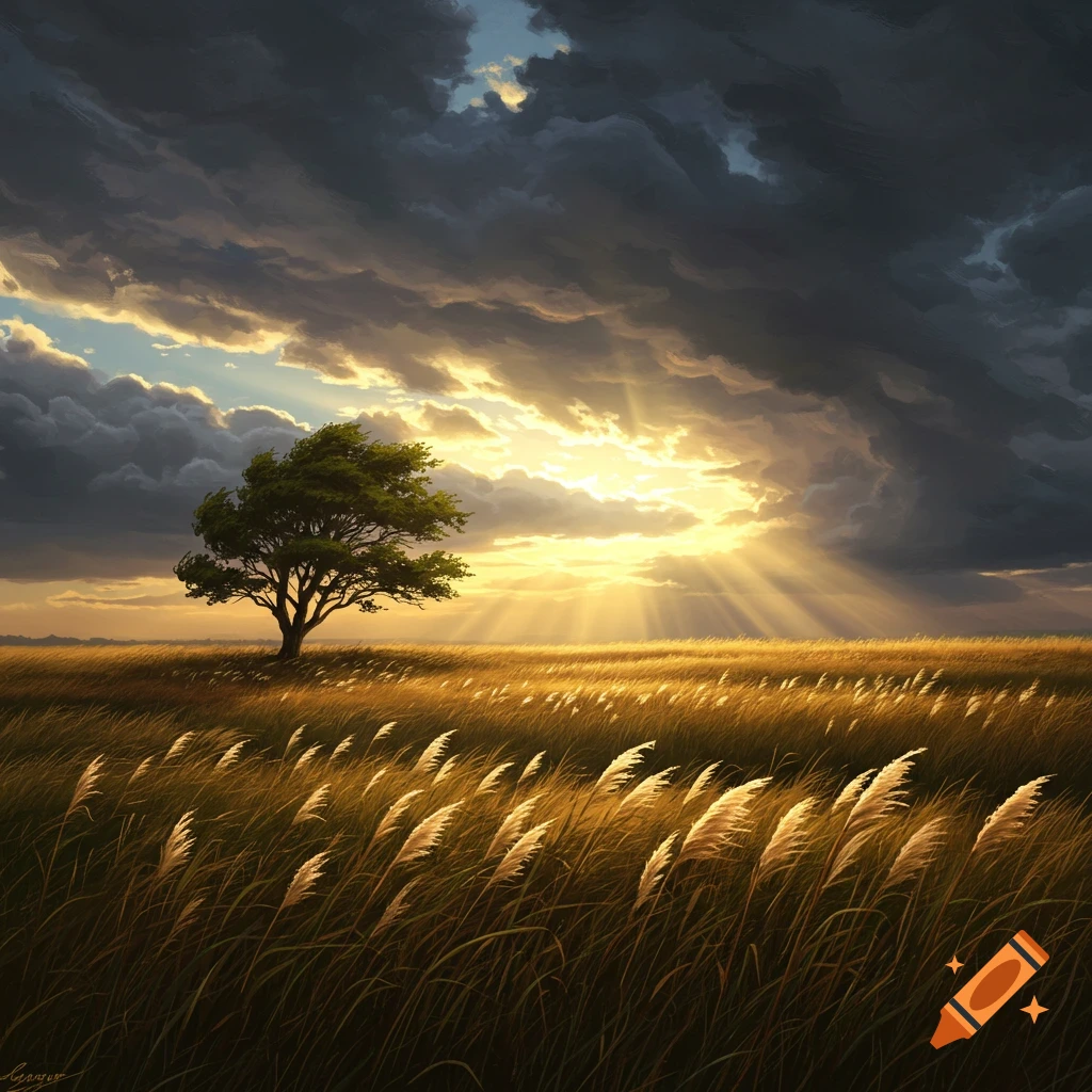 A lone tree in a windy grass field at sunset with sunrays breaking through storm clouds.