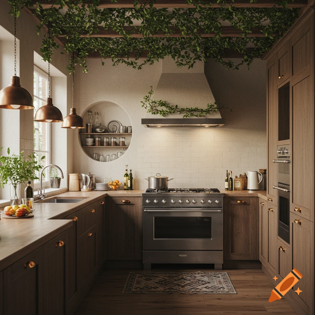 A warm, photorealistic kitchen interior with wood cabinets, copper pendant lights, a half-circle wall insert, and vines on the ceiling.