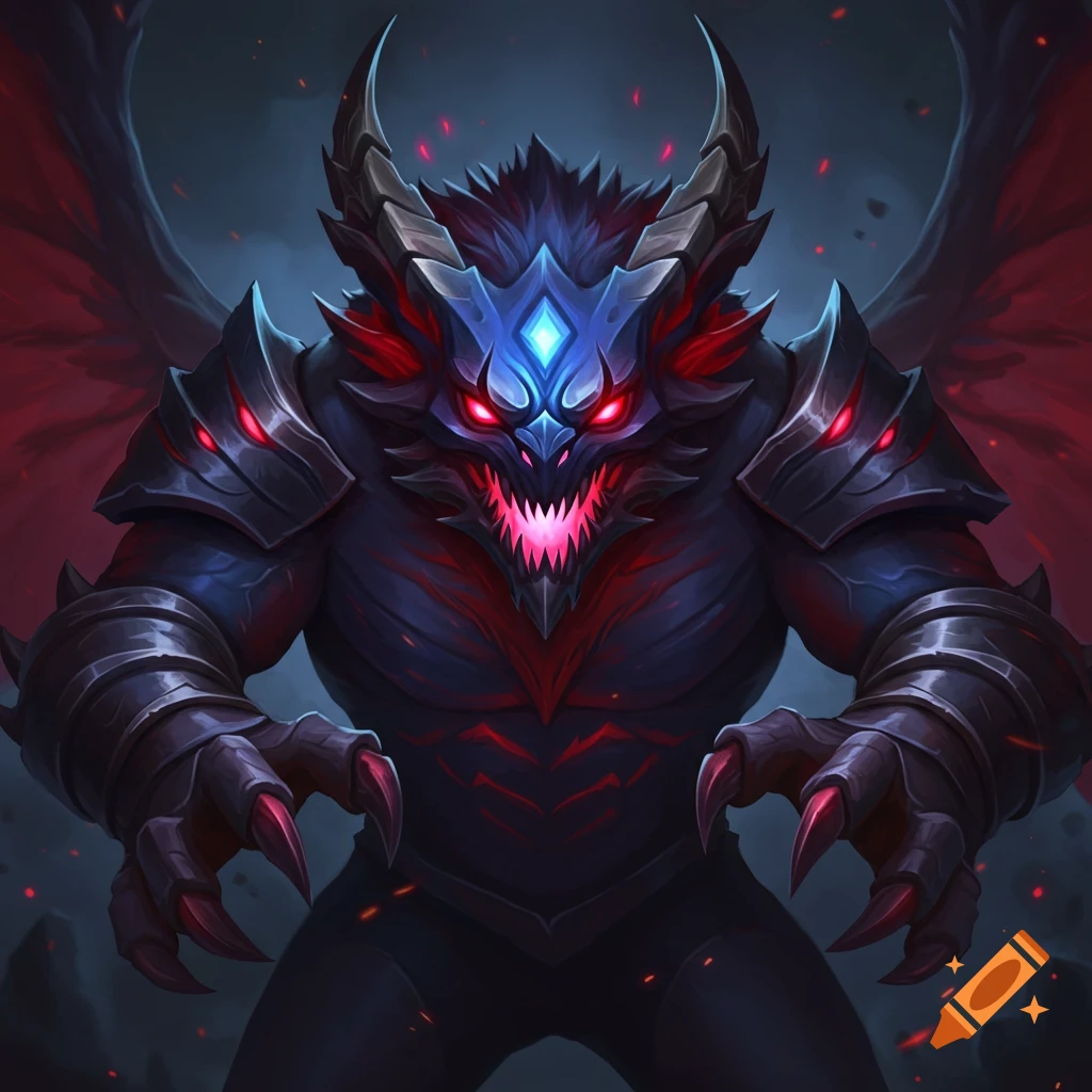 A dark, armored fantasy monster with glowing red eyes and mouth.