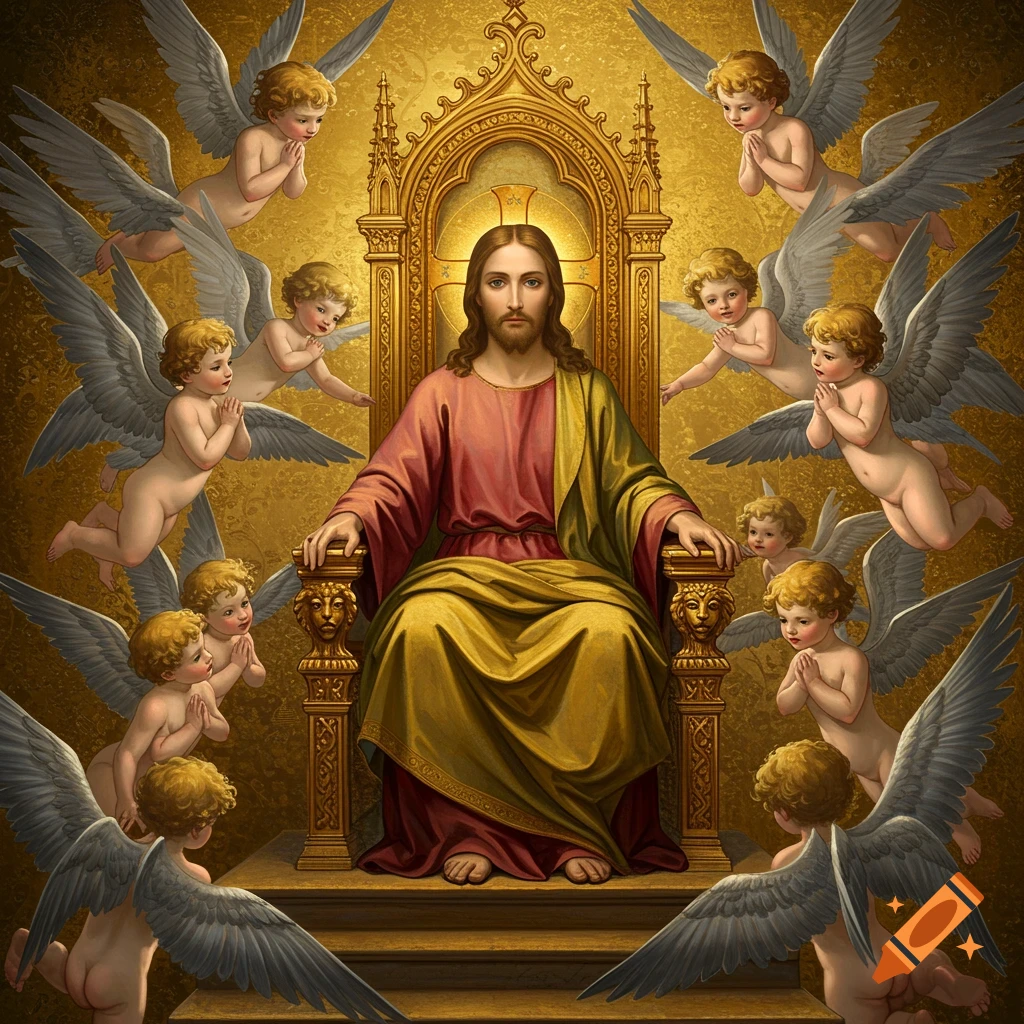 Renaissance style depiction of Jesus Christ seated on a golden throne surrounded by cherubim.