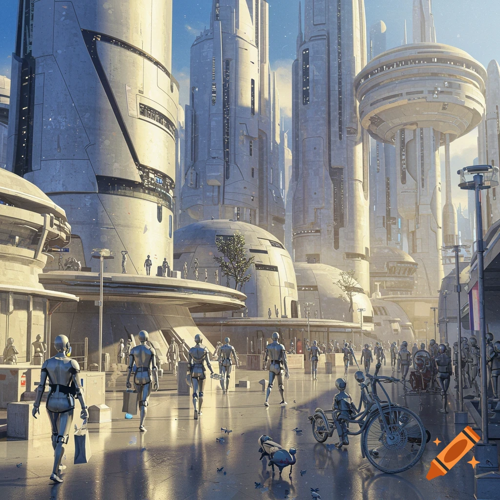 A futuristic city street with towering aluminum buildings and aluminum people walking.