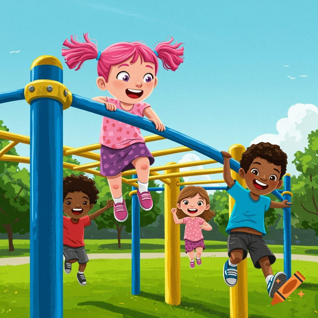 Diverse children playing on monkey bars in a park, cartoon style.