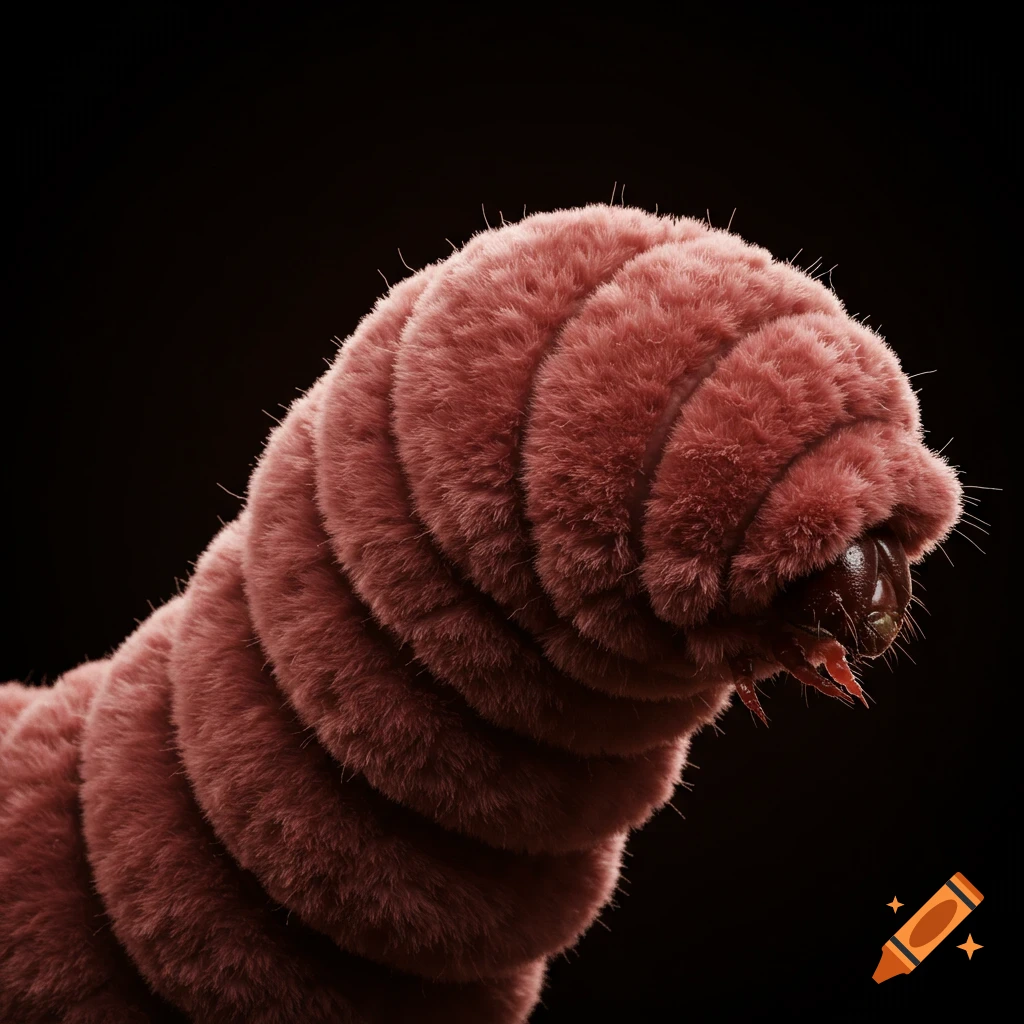 Close-up of a pink furry segmented worm against a black background.