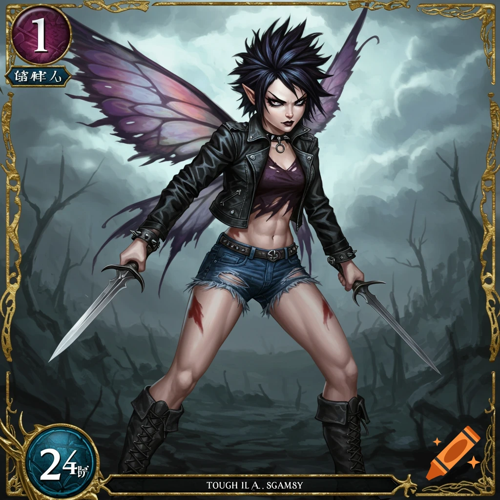 A fierce fairy character holding swords in a fantasy landscape, framed like a trading card.