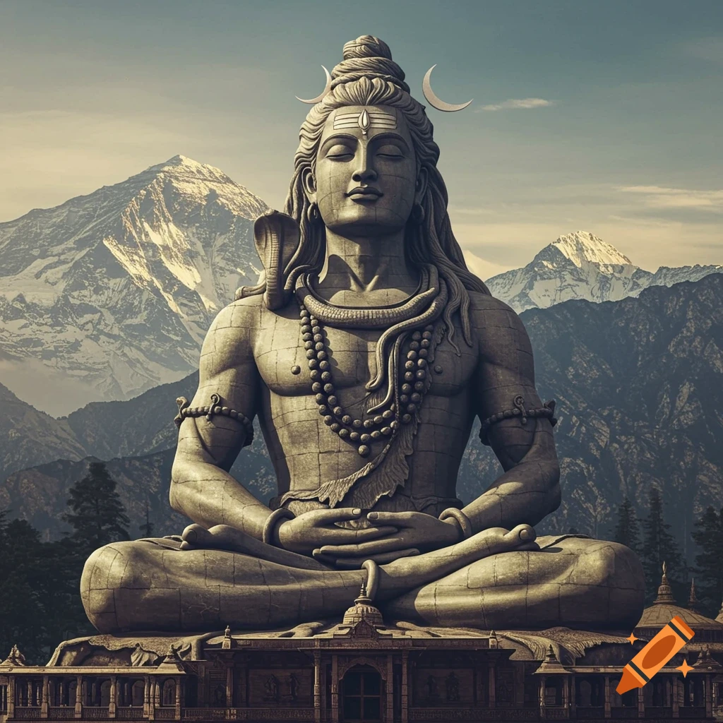 Giant stone statue of Shiva meditating, seated on a pedestal with intricate architecture, against a backdrop of snow-capped mountains and sky.