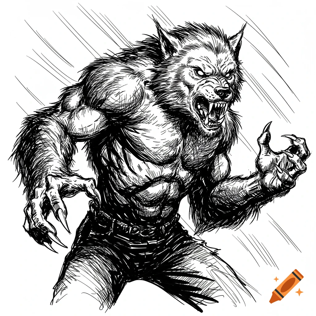 Black and white sketch of a roaring werewolf standing upright.
