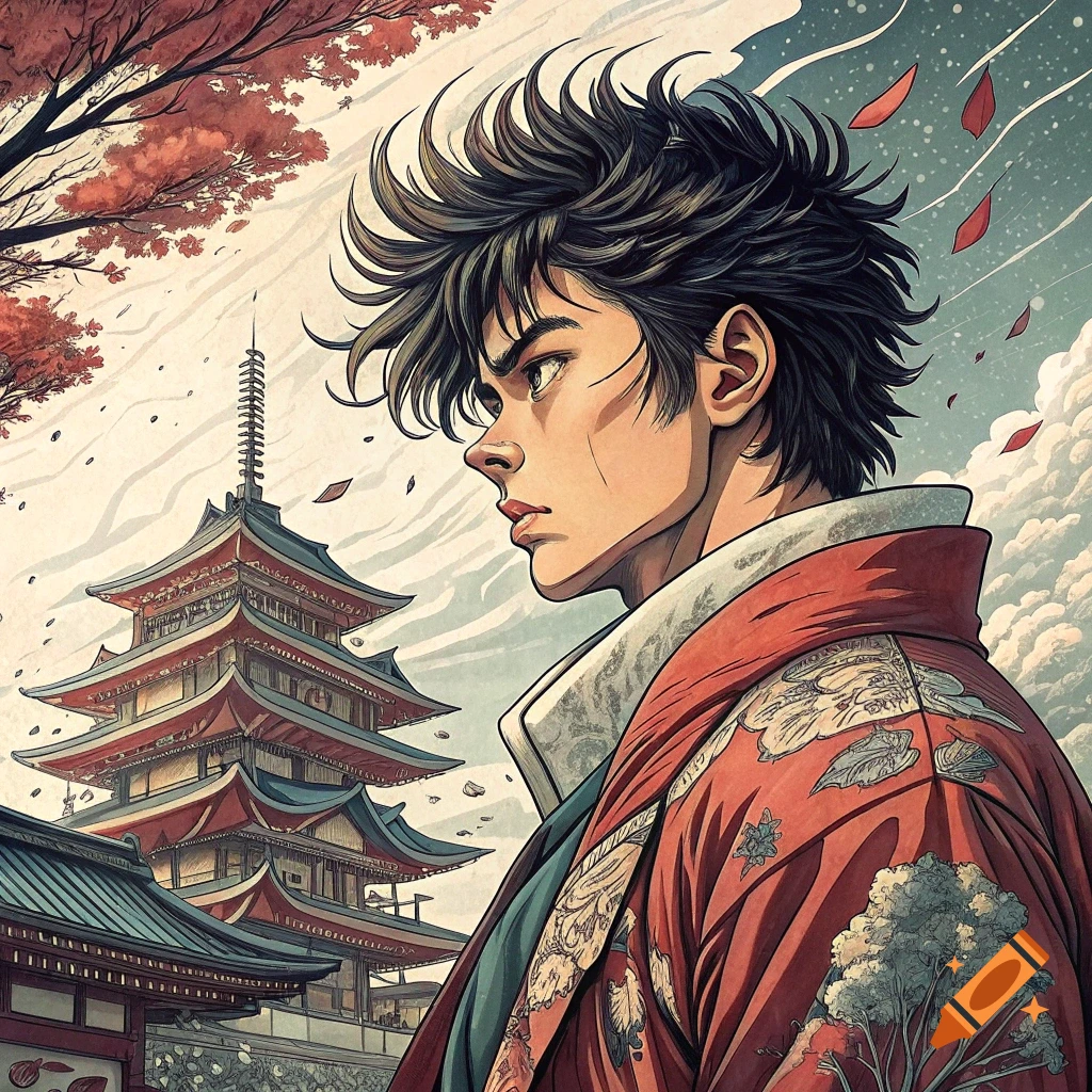 Anime style illustration of a person in profile with spiky hair, wearing a red coat, in front of a Japanese pagoda with falling autumn leaves.