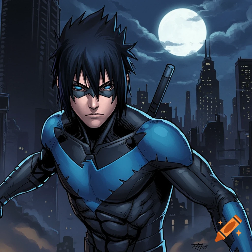 Anime style illustration of a character resembling Nightwing against a night city skyline with a full moon