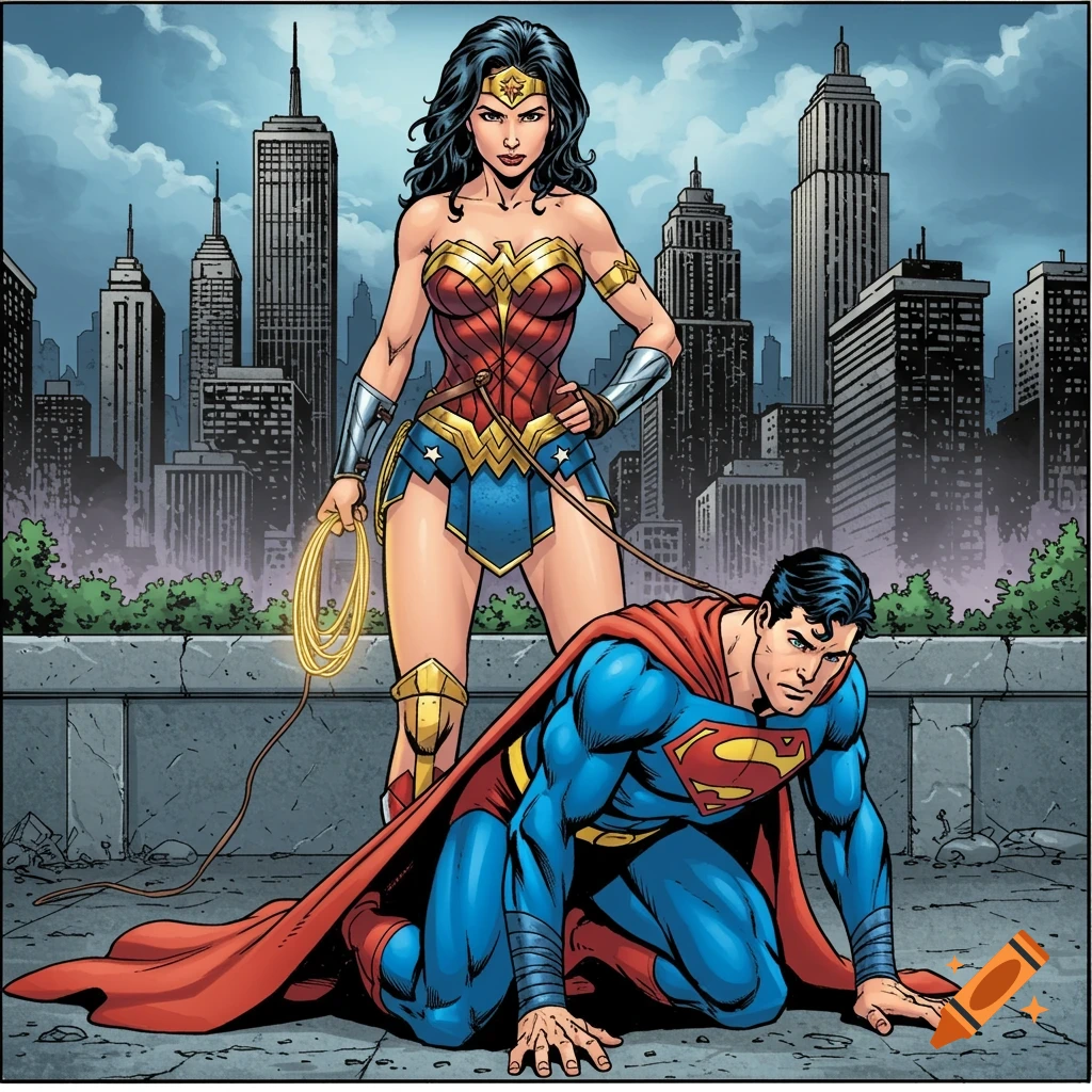 Comic art of Wonder Woman standing over a kneeling Superman on a leash, with a city background.