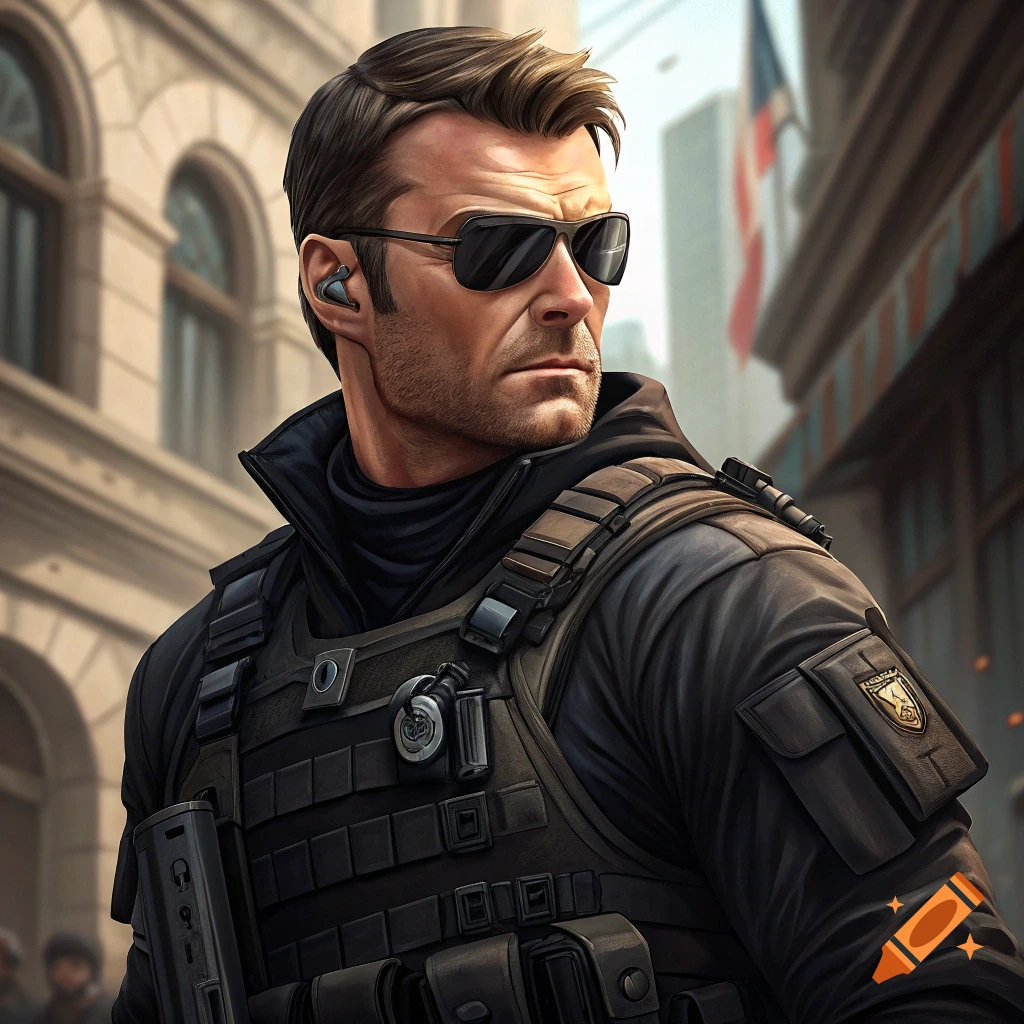 Close-up portrait of a man in tactical gear and sunglasses standing on a city street.