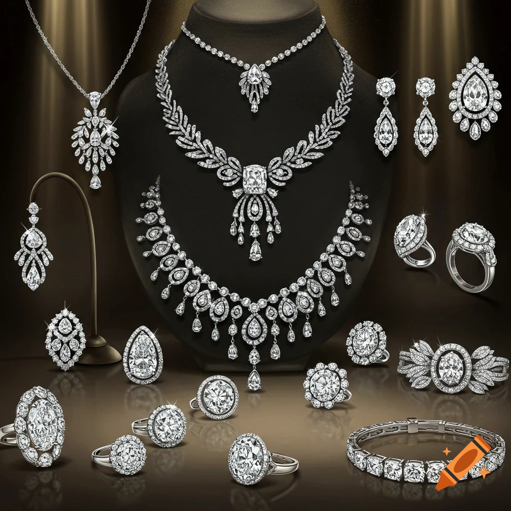 A collection of sparkling diamond necklaces, earrings, rings, and a bracelet displayed on a dark background.