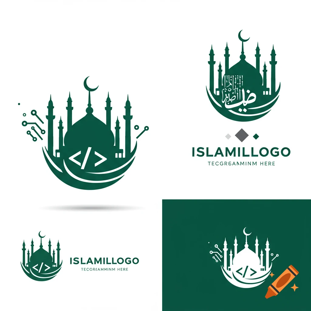 Multiple green logos combining a mosque silhouette, circuitry, code brackets, and text on white and green backgrounds.