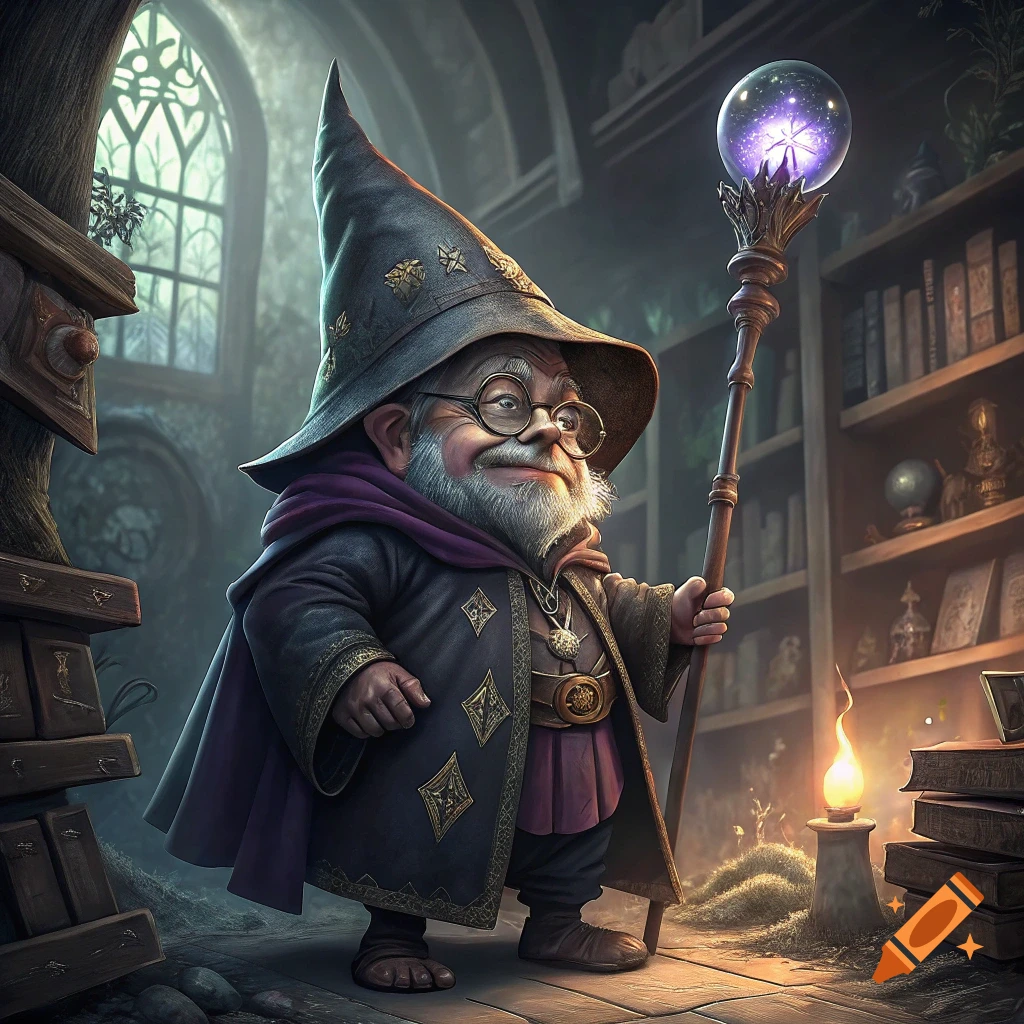 A fantasy illustration of a gnome wizard holding a staff with a glowing orb in a dimly lit library.