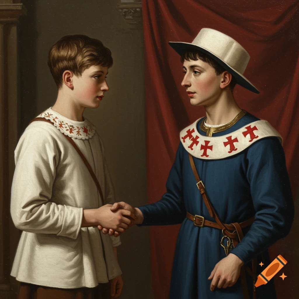Two young people in historical attire shake hands, in a painting style.