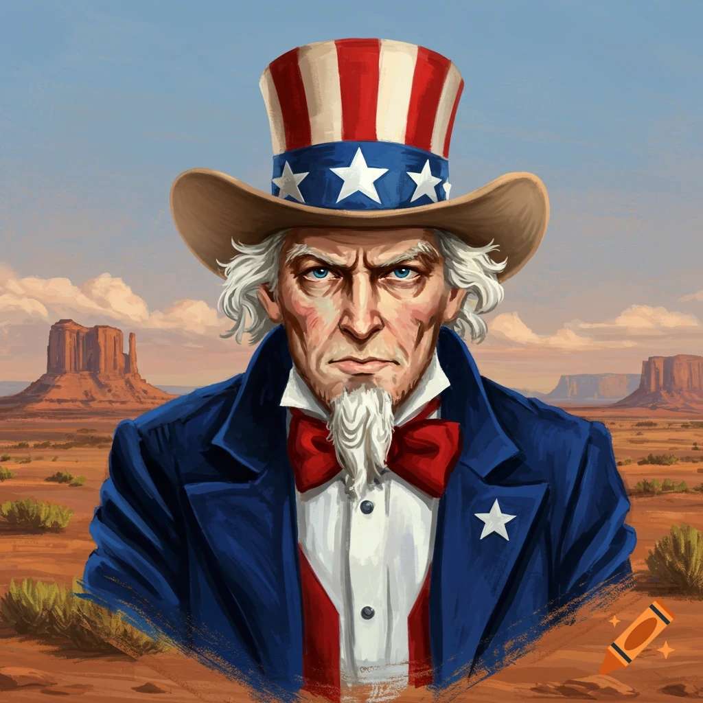 Uncle Sam wearing a cowboy hat in a desert landscape.