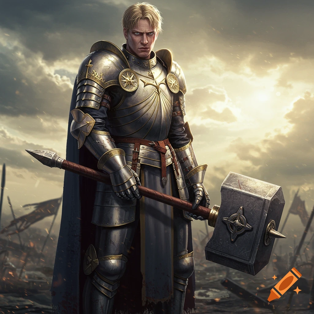 Fantasy illustration of a knight in plate armor holding a warhammer on a battlefield.