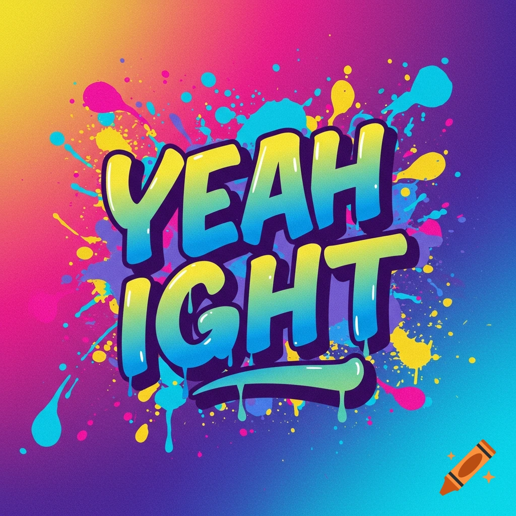 Colorful typography saying 'YEAH IGHT' with paint splatters on a gradient background.