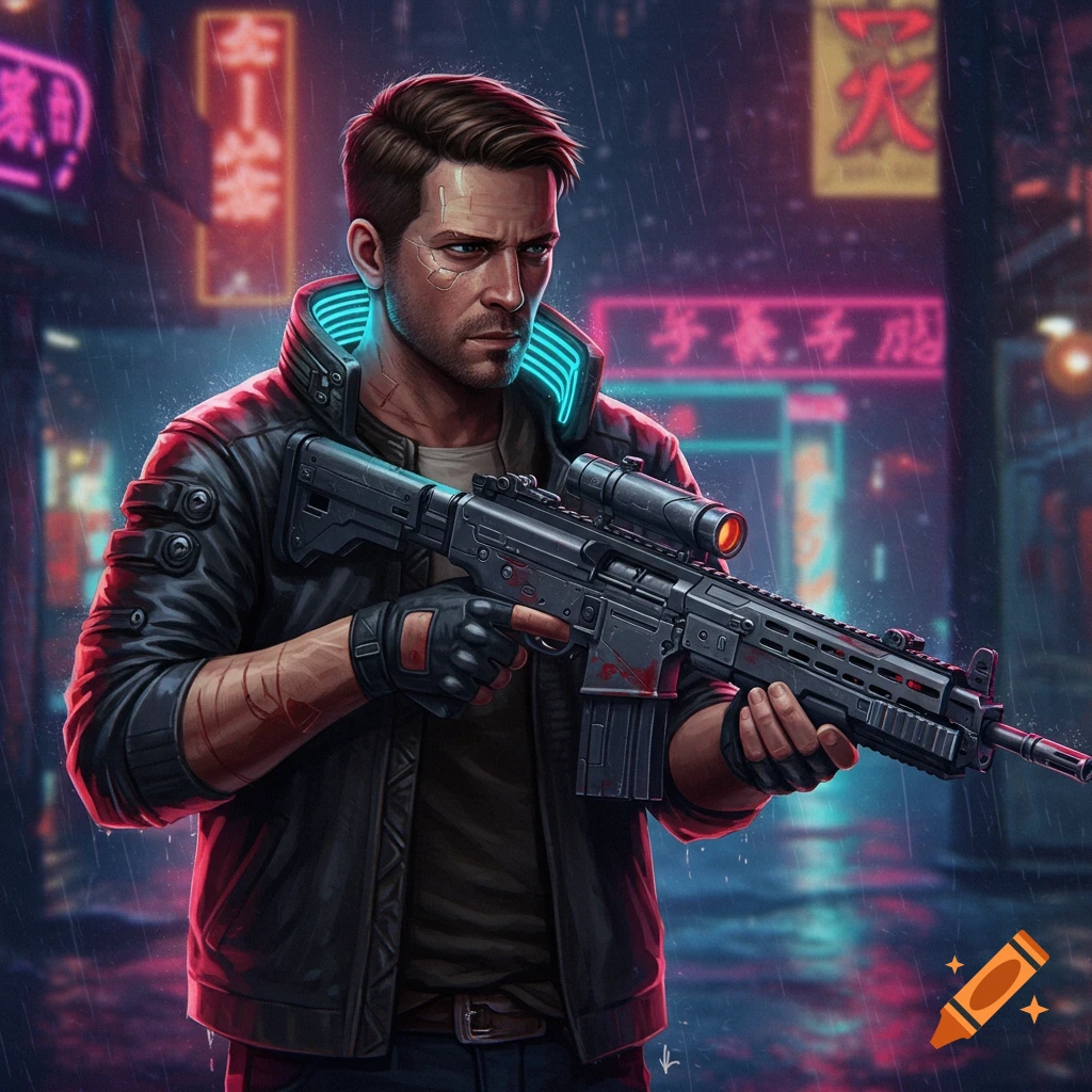 A man with a rifle in a rainy cyberpunk city.