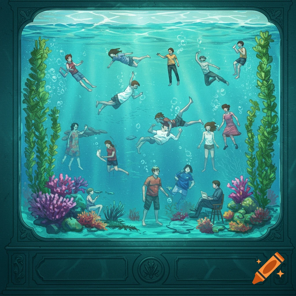 People swimming and sitting inside a large aquarium tank