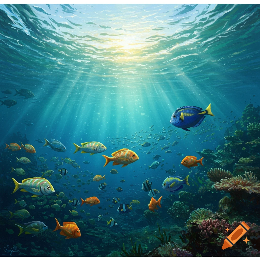 Colorful fish and coral reef underwater with rays of light from the surface.