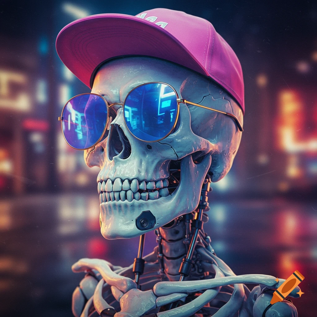 Cyborg skeleton with sunglasses and baseball cap