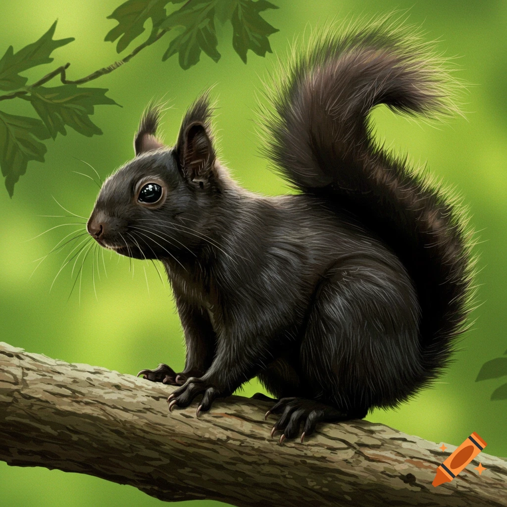 A black squirrel sits on a tree branch against a green background.