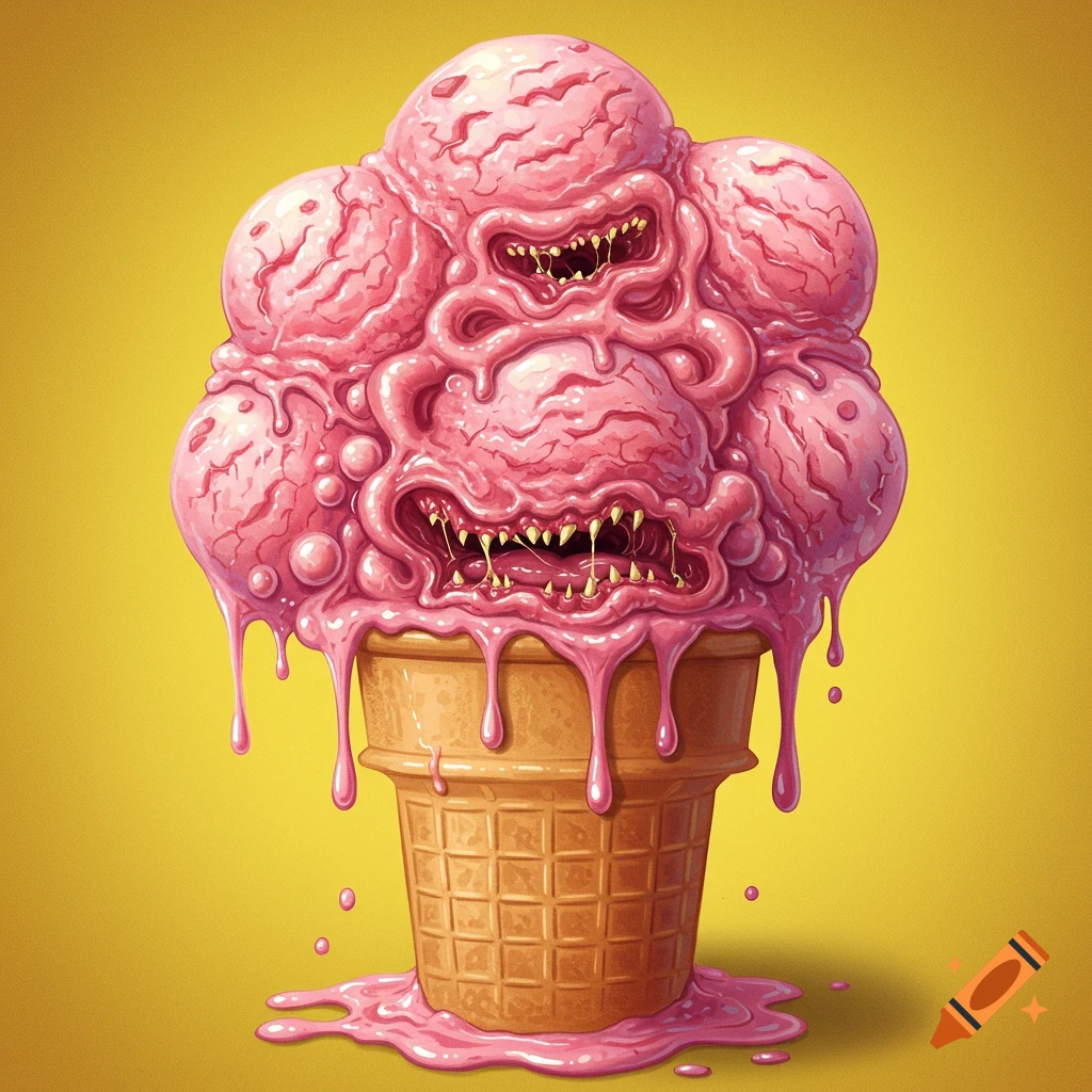 A grotesque monster made of pink ice cream in a cone