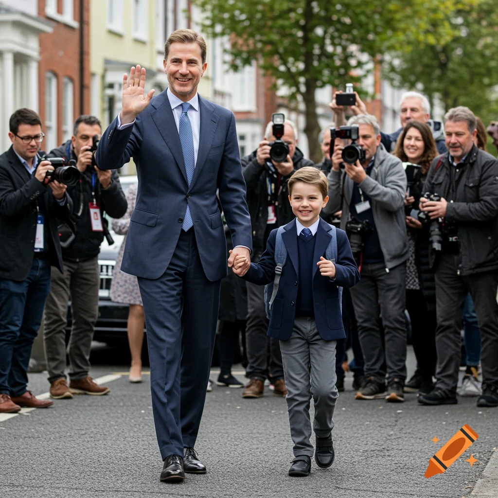 Man and boy hold hands, wave to photographers on a street. Photorealistic.