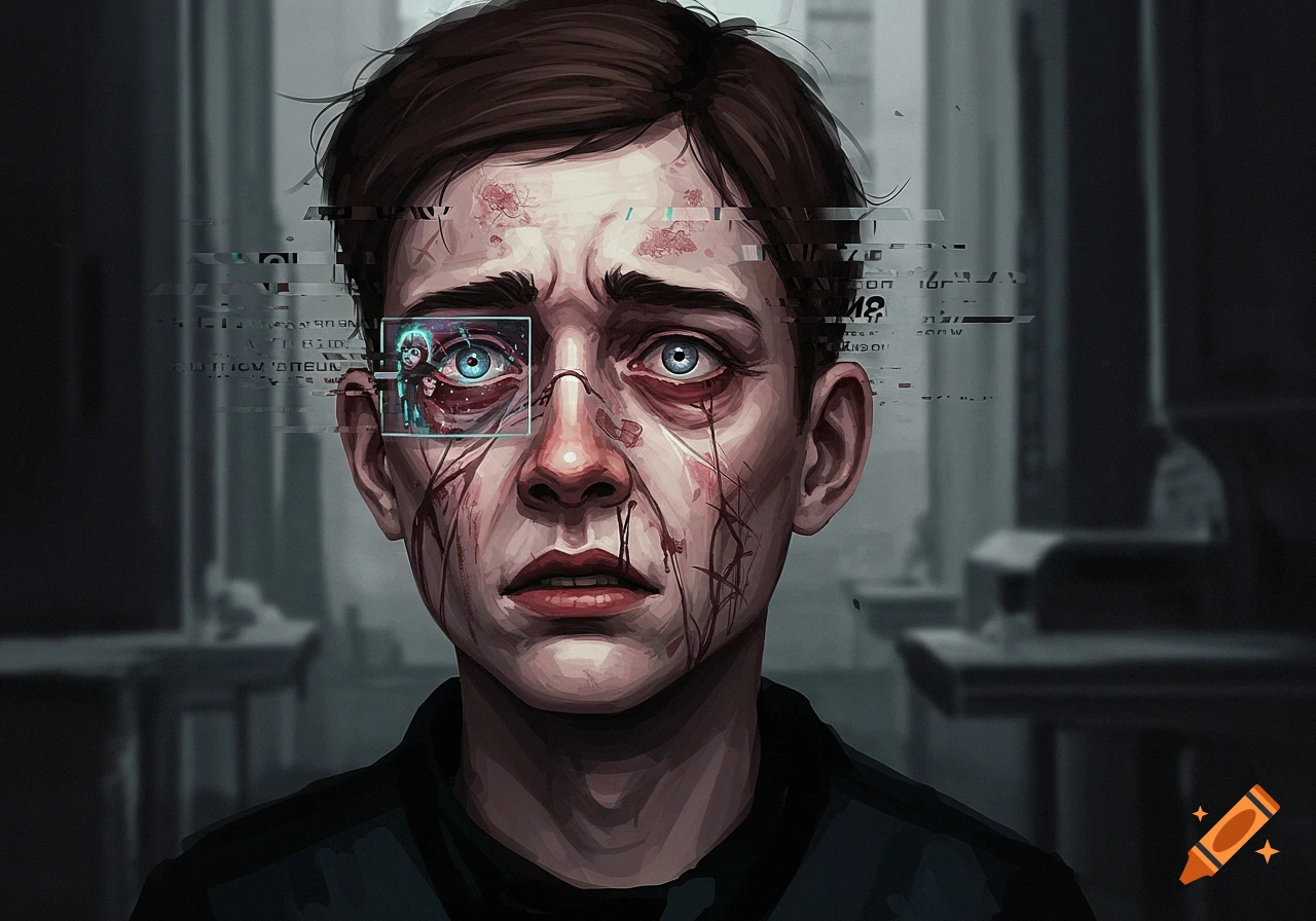 A man's face is depicted with glitching data and blood-like streaks, representing obstructed memories.