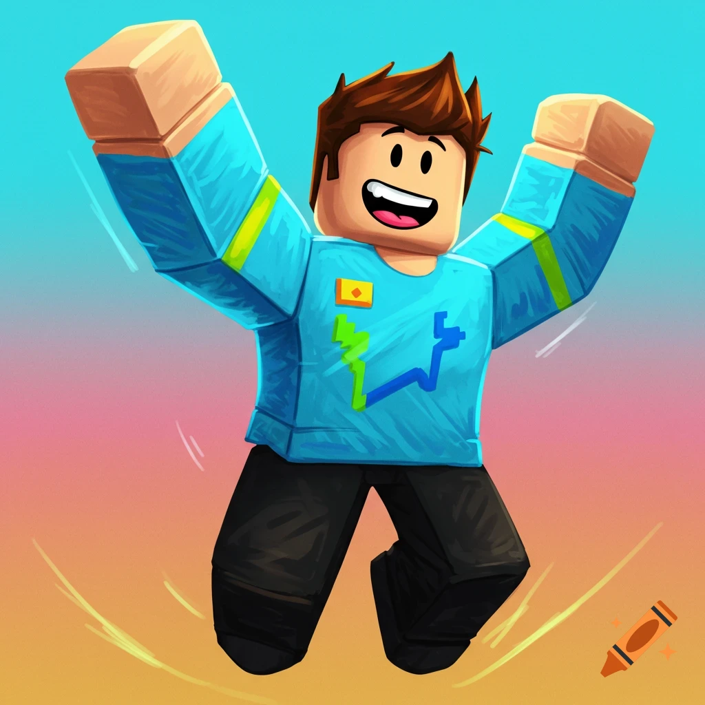 Image of a Roblox character jumping excitedly with arms raised.