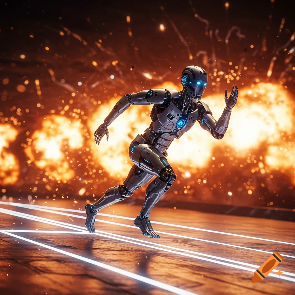 A futuristic robot sprints past explosions.
